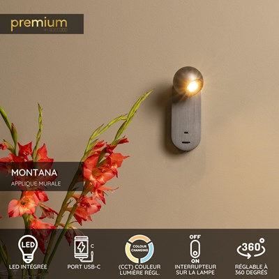 Lucide MONTANA - Applique murale - LED - CCT - 1x6,3W 2700K/4000K - Point de rechargement USB - Fer gris | Premium